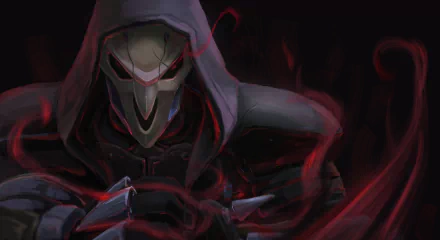 HD PC desktop wallpaper featuring Reaper from the video game Overwatch, depicted with a dark hood and red smoke effects in a moody, intense style.