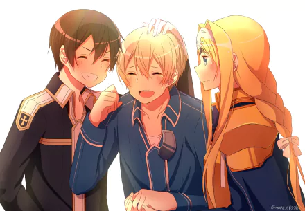 Anime HD desktop wallpaper featuring smiling Blonde Alice Zuberg, Eugeo, and Kazuto Kirigaya (Kirito) from Sword Art Online: Alicization.
