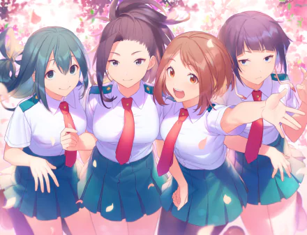 HD desktop wallpaper featuring Kyōka Jirō, Momo Yaoyorozu, Tsuyu Asui, and Ochaco Uraraka from the anime My Hero Academia, all wearing school uniforms with a background of pink cherry blossoms.