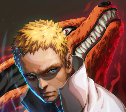 HD anime desktop wallpaper featuring Naruto Uzumaki with Kurama's fierce face looming behind him from the Naruto series.