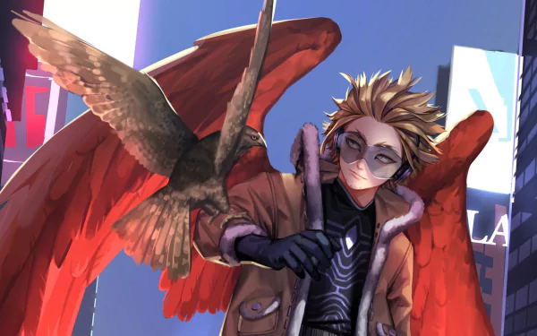 HD anime desktop wallpaper featuring Keigo Takami, also known as Hawks from My Hero Academia, with vibrant red wings and urban cityscape background.