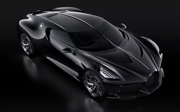 Sleek Bugatti La Voiture Noire showcased in a 4K Ultra HD wallpaper, highlighting its elegant curves and glossy black finish against a dark background.