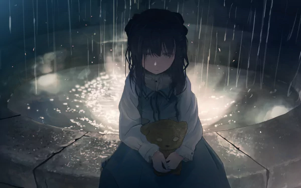 Anime-style HD wallpaper featuring a sad girl sitting at a well in the rain, holding a teddy bear.