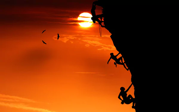 Silhouettes of climbers scaling a steep cliff against a vibrant sunset sky, with birds flying nearby, captured in stunning 4K Ultra HD.