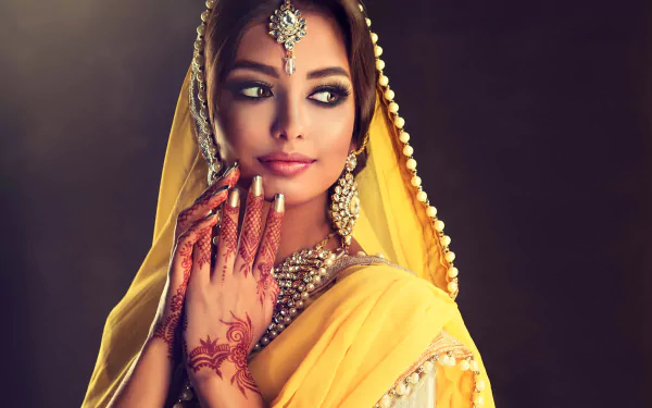jewelry earrings brown eyes brunette tattoo saree woman model HD Desktop Wallpaper | Background Image