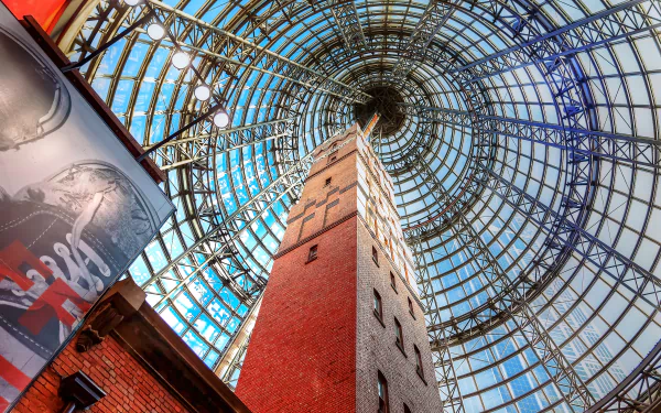  Coop's Shot Tower. Historic Melbourne museum factory is fully encased in a glass cone