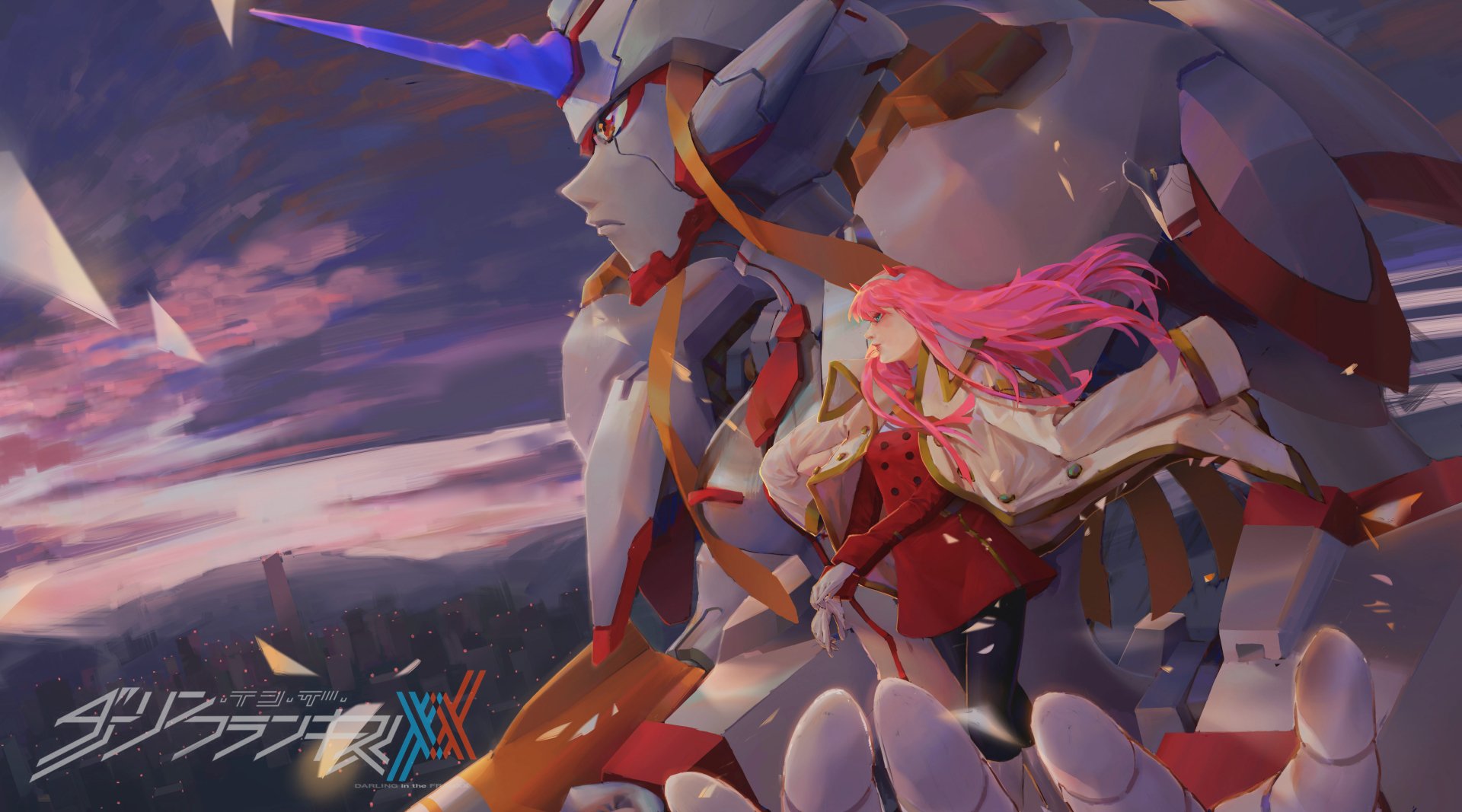 4K Ultra HD wallpaper featuring Strelizia and Zero Two from the anime Darling in the FranXX, showcasing dynamic characters against a vibrant, dramatic sky background.