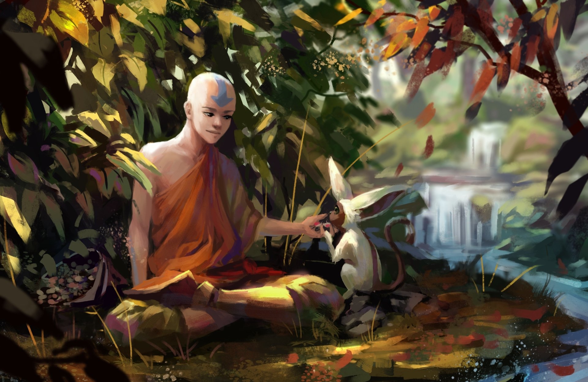 HD anime-style desktop wallpaper featuring Aang from Avatar: The Last Airbender sitting peacefully with Momo in a lush, colorful forest setting.