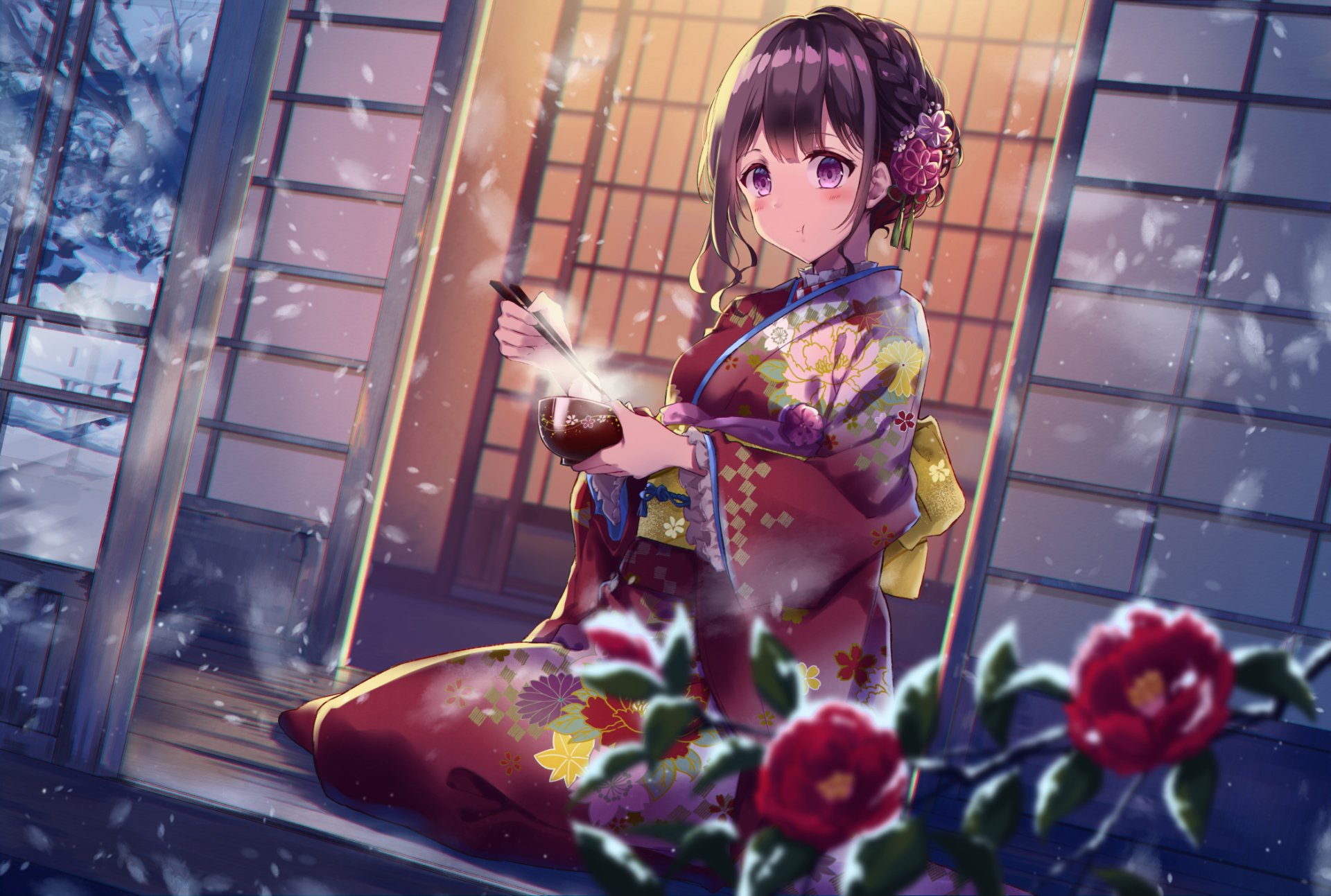 An anime geisha in a traditional kimono sits outside a Japanese house during winter, holding a tea bowl, with falling snow and blooming flowers enhancing the serene HD desktop wallpaper and background.