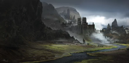 A misty fantasy landscape featuring a dark castle perched on rocky hills beside a winding river, rendered in HD for a dramatic PC desktop wallpaper.