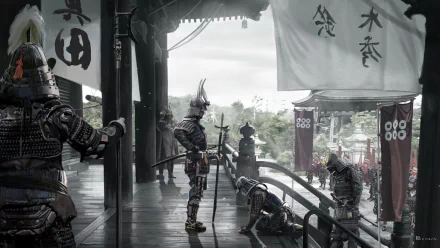 A detailed HD fantasy warrior samurai scene on a wooden bridge, featuring armored warriors with weapons and banners in a traditional setting.