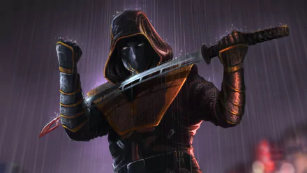 HD desktop wallpaper of Ronin from Marvel Comics' Avengers Endgame movie, featuring the character in a dark, hooded costume holding a katana in the rain.