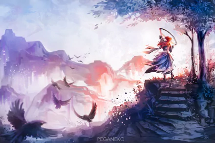 A fantasy scene featuring a magical figure standing on stone steps overlooking a vibrant, mystical landscape with flying birds, rendered in 4K Ultra HD quality.