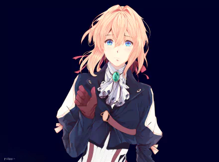 HD desktop wallpaper featuring Violet Evergarden, an anime character with blonde hair and blue eyes, against a dark background. She wears a detailed outfit with a green gemstone.