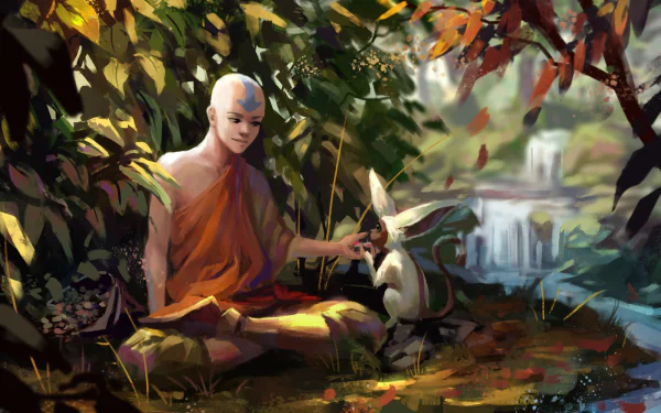 HD anime-style desktop wallpaper featuring Aang from Avatar: The Last Airbender sitting peacefully with Momo in a lush, colorful forest setting.