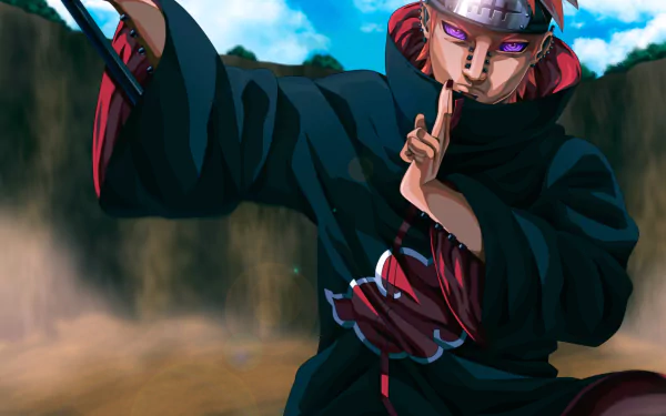 HD PC wallpaper featuring Pain from Naruto performing a hand sign, set against a dramatic outdoor backdrop, showcasing the anime's intense and dynamic style.