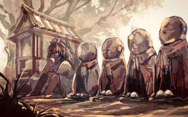 4K Ultra HD anime wallpaper featuring Inosuke Hashibira from Demon Slayer: Kimetsu no Yaiba, sitting beside a row of small stone statues under soft, warm lighting.