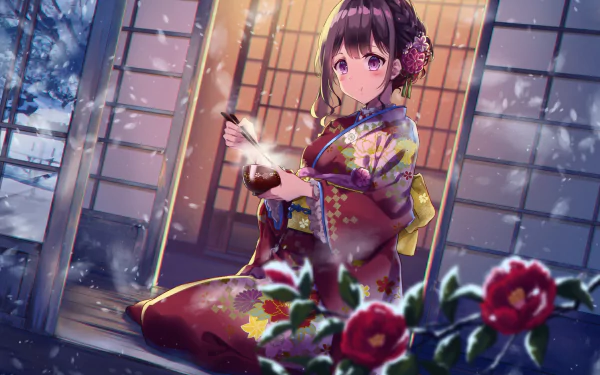 An anime geisha in a traditional kimono sits outside a Japanese house during winter, holding a tea bowl, with falling snow and blooming flowers enhancing the serene HD desktop wallpaper and background.